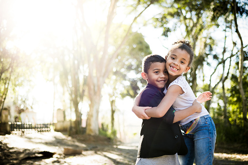 Brother and sister hugging in a park